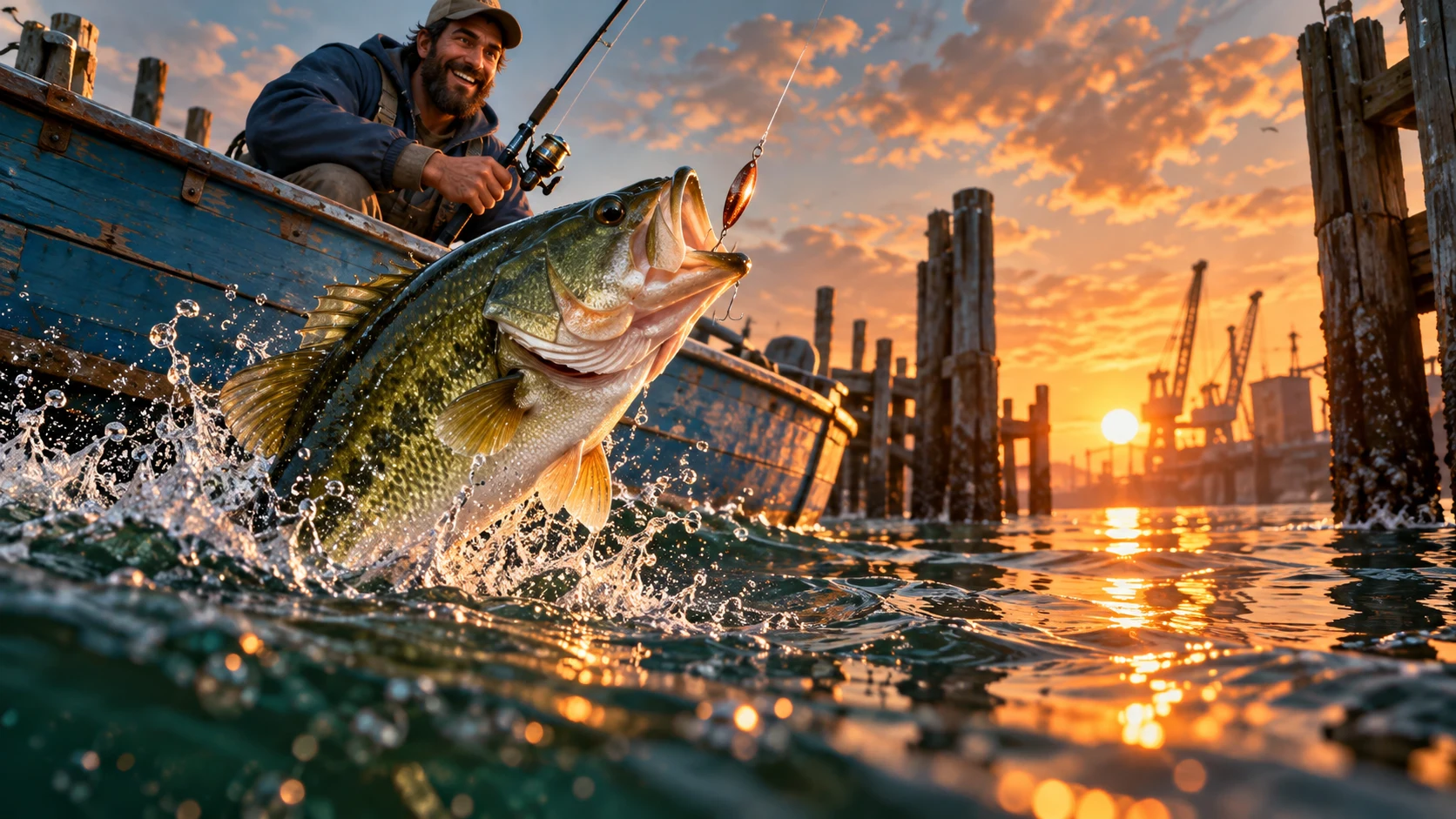A giant bass beside the blue harbour skiff